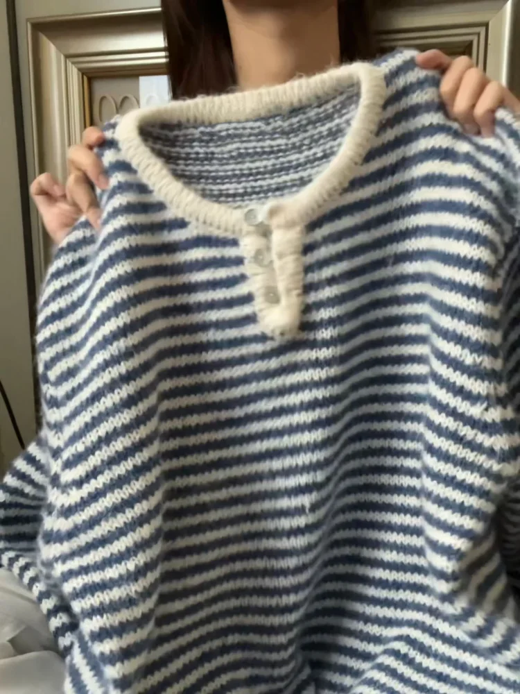 

Женский вязаный свитер с длинным светом в полоску, осень-зима, новый повседневный удобный круглый топ