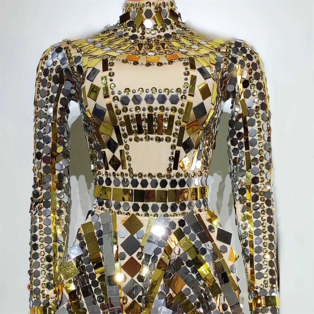 Seksowna sukienka z cekinami, złoty kombinezon z efektem lustra, damski strój do tańca nowoczesnego jazzowego, krótki strój sceniczny, ubrania do występów, kostium na imprezę w klubie nocnym, strój DS.
