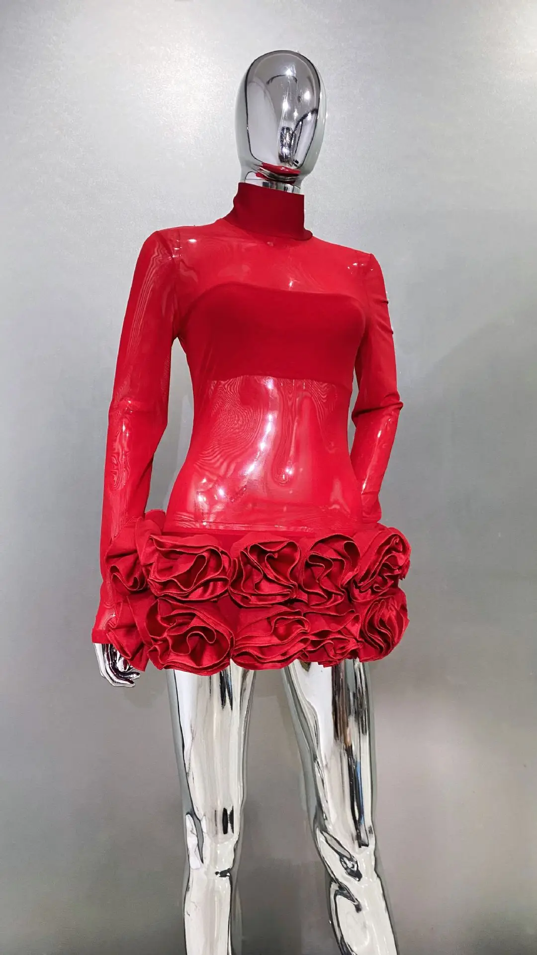 Seksowna Przezroczysta Sukienka Mini z Siateczki z Bufiastymi Rękawami, Czerwona, Seksowna Sukienka na Imprezę Urodzinową