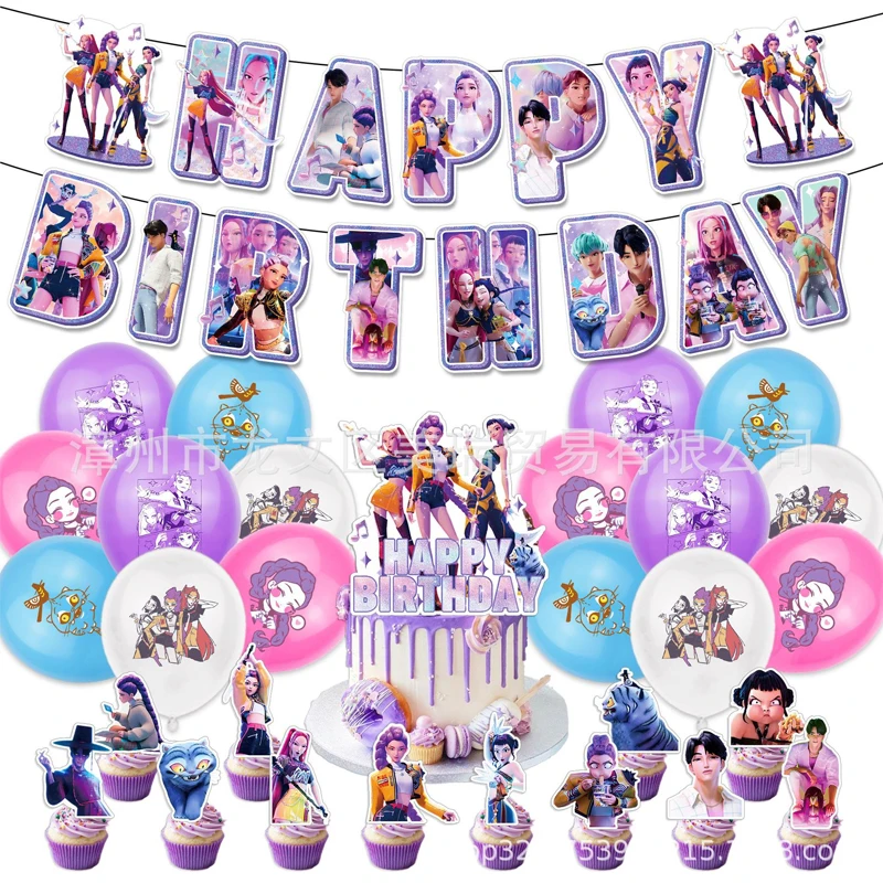 Kpop Demon Hunters Dekorasi Ulang Tahun Anak-anak Spanduk Kawaii Hiasan Atas Kue Ornamen Latar Belakang Set Balon Angka Hadiah Perlengkapan Pesta