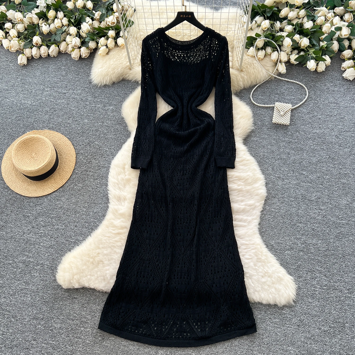 Chic vintage Knit hollow out pleated loose Elegant Fairy korean fashion Boho Sundress women clothing Long dress