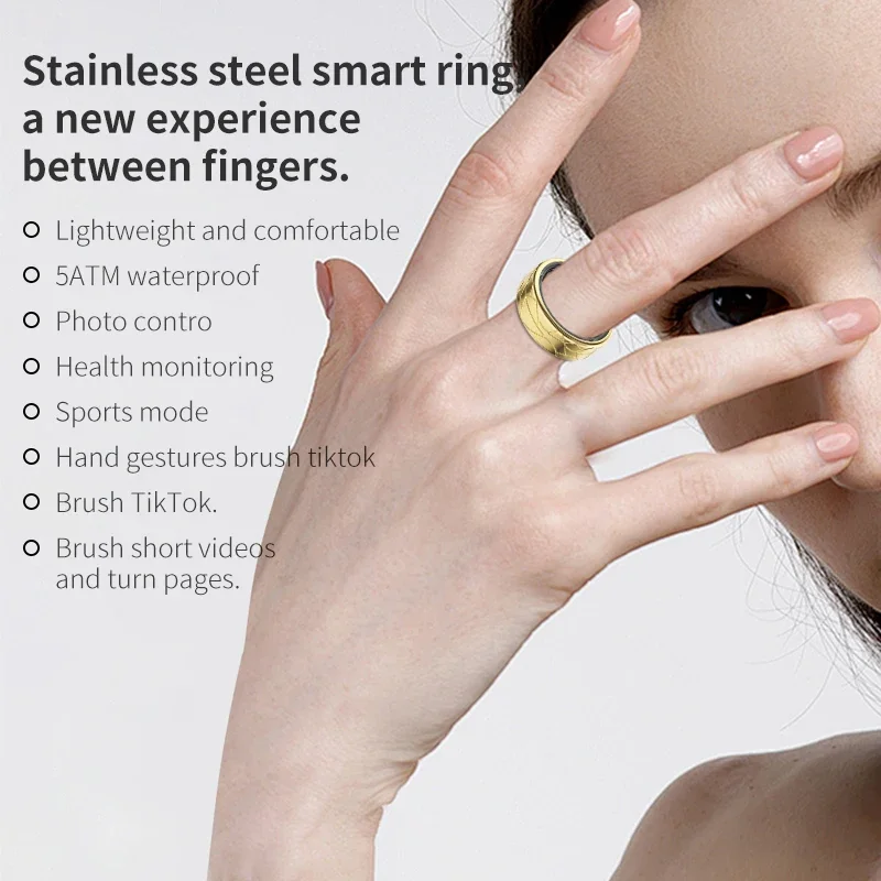 Smart Ring Men Women, Heart Rate and Blood Oxygen Monitor, 5ATM Waterproof, Multi-sport Mode,Photo Control Brush Video