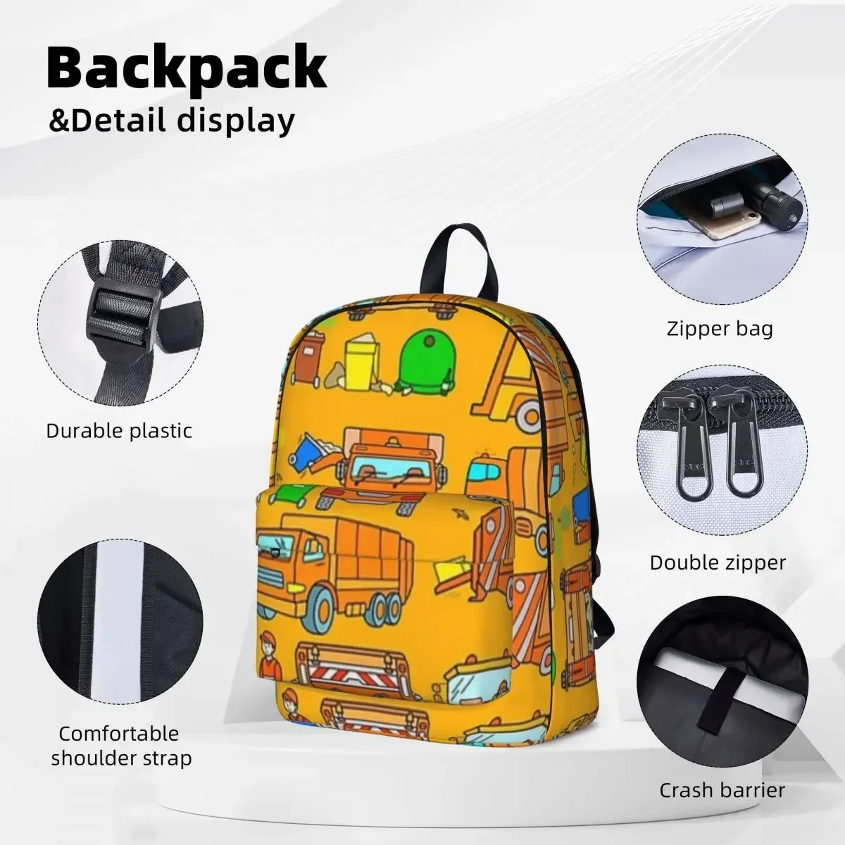 Mochila con diseño de camión de basura para niños, bolsa escolar para estudiantes, para ordenador portátil