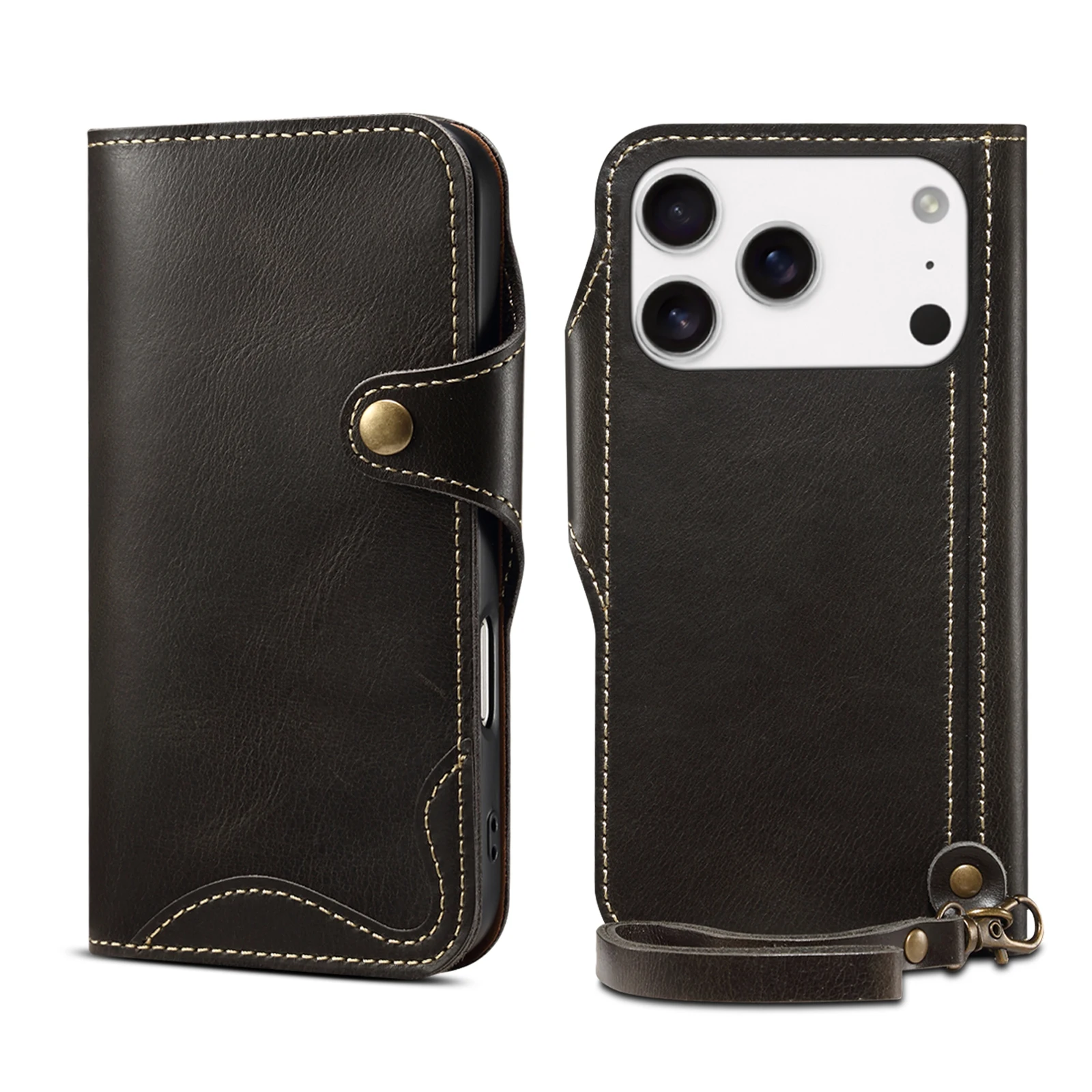 

Oil-wax Genuine Leather For iPhone 17 Pro Max 16 15 14 13 12 11 XS Max XR 16e Case Cowhide Retro Leather Bag Buckles and Lanyard
