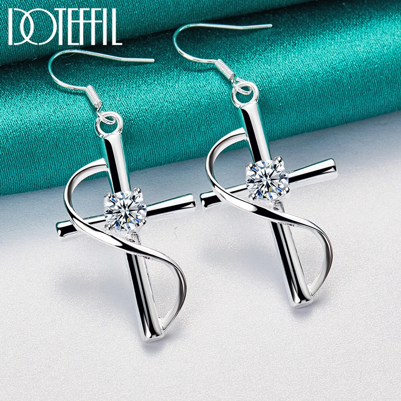 DOTEFFIL 925 Sterling Silver AAA Zircon Cross Drop Earrings Charm Women Jewelry Fashion Wedding Engagement Party Gift