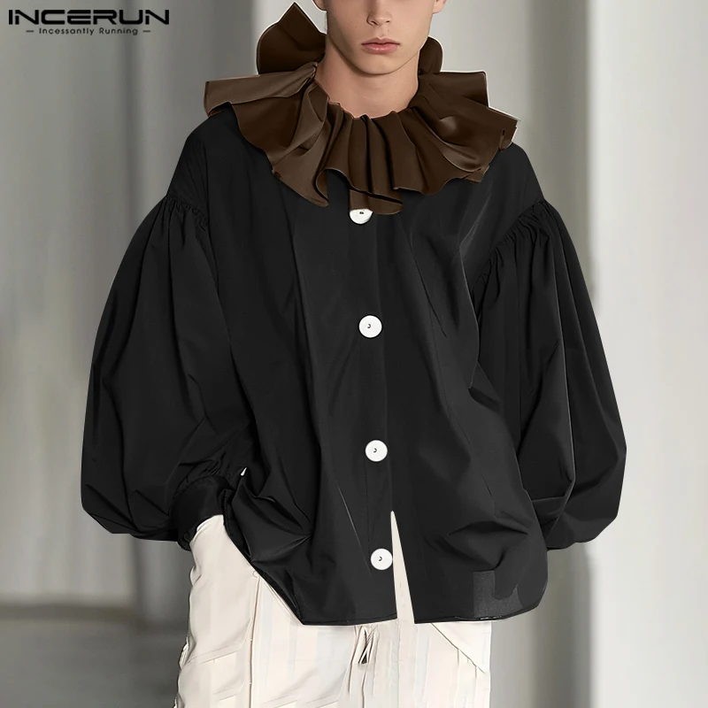 INCERUN Tops 2024 American Style Casual Men's Ruffle Collar Contrast Color Splicing Shirts Male Retro Loose Long Sleeved Blouse