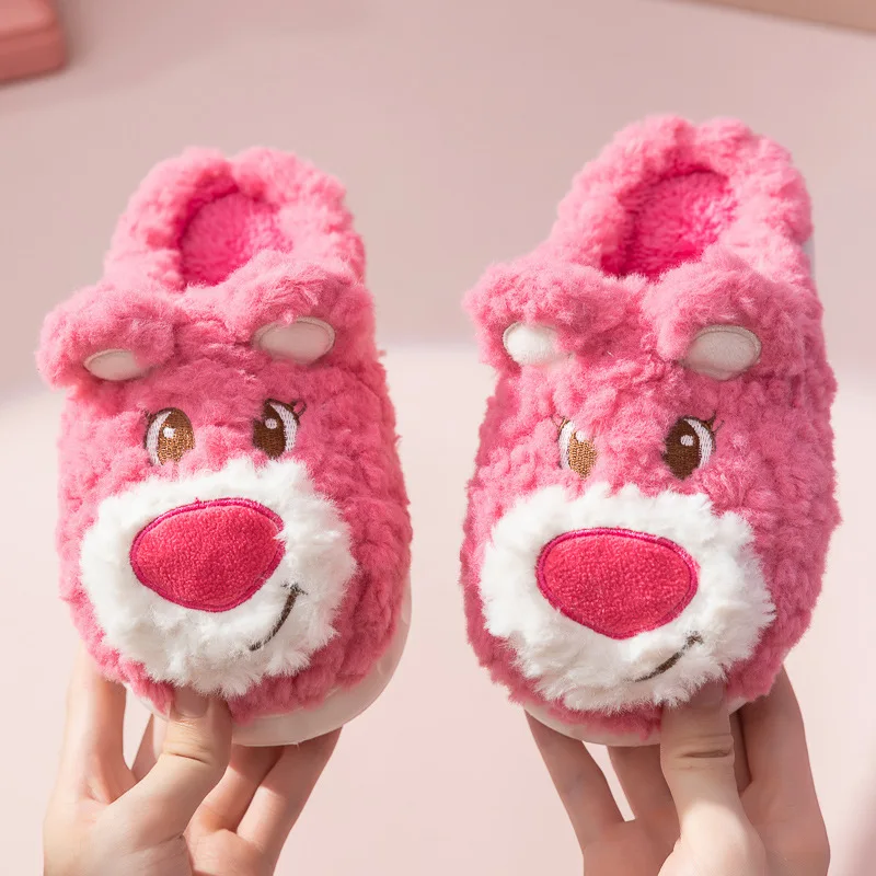 Disney Plush Bear Girls' Winter Warmth Cotton Shoes Lotso Cute Cartoon Home Non slip Soft Sole Children's Slippers Size 26-33