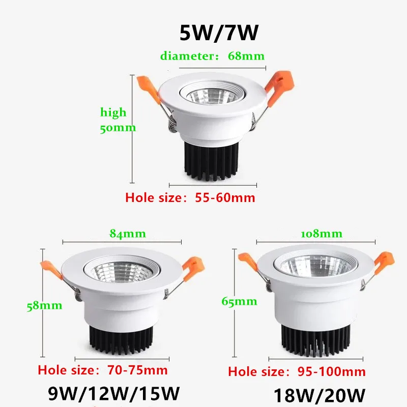 Dimmable Embedded LED Downlights 5W7W/9W12W15W/18W20W COB Ceiling Lights Spotlights Angle Adjustable AC90-260V CRI90 For Home