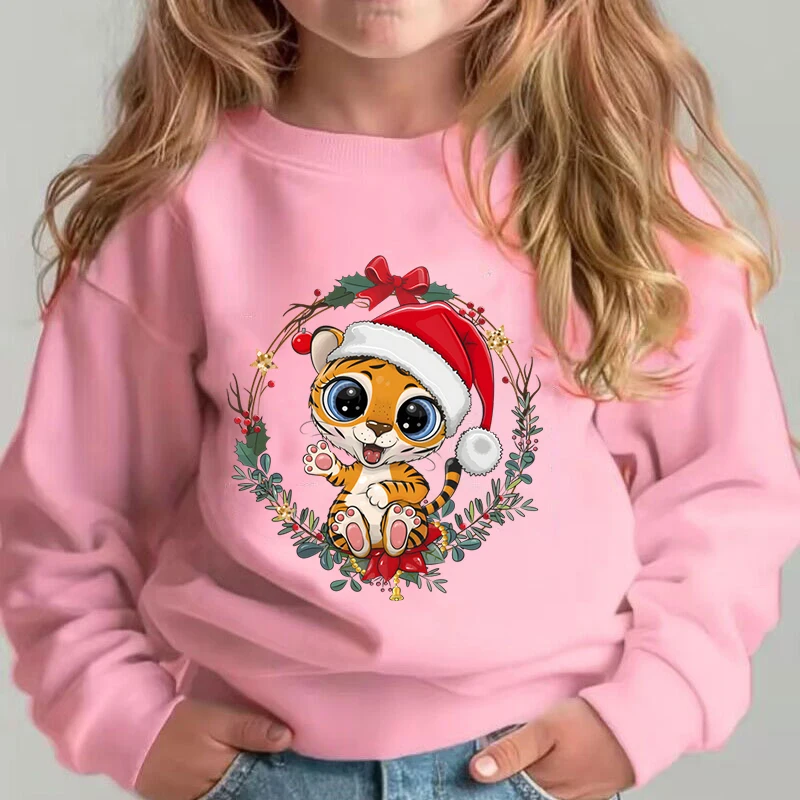 Cartoon Printed Boys Girls Christmas Tiger Sweatshirts Long Sleeve Children\'s Clothes Fashion Autumn Christmas Trend Kids Hoodie