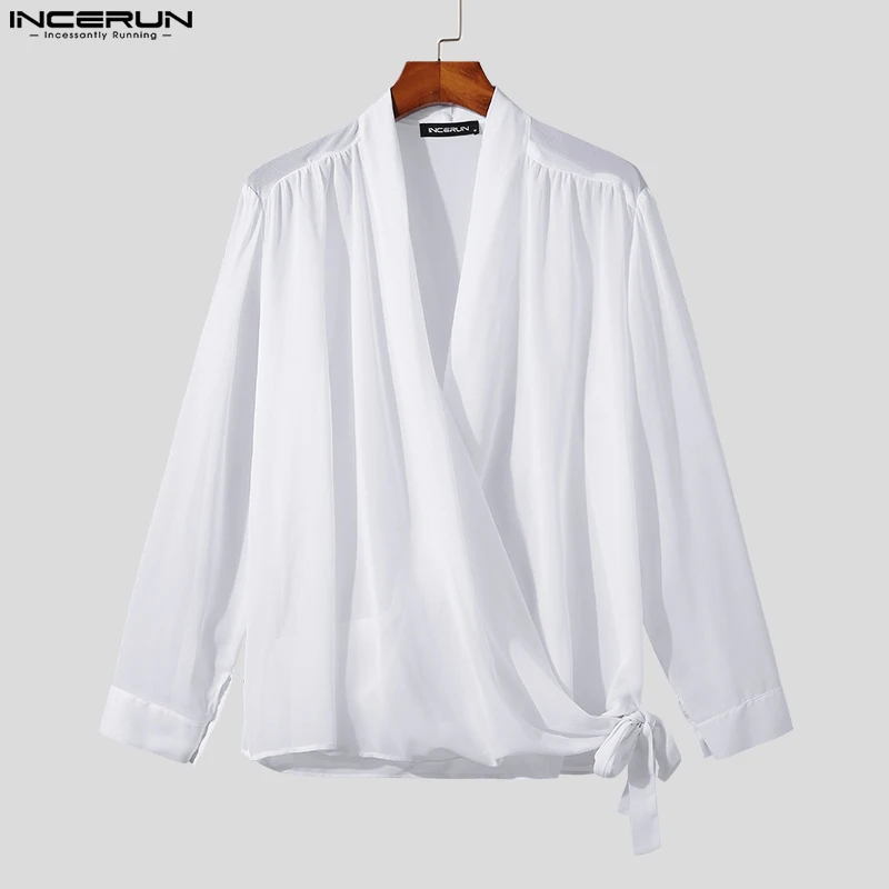 INCERUN Tops 2023 Korean Style New Men\'s Pile Up Collar Tie Up Blouse Fashion Solid All-match Chiffon Long Sleeved Shirts S-5XL