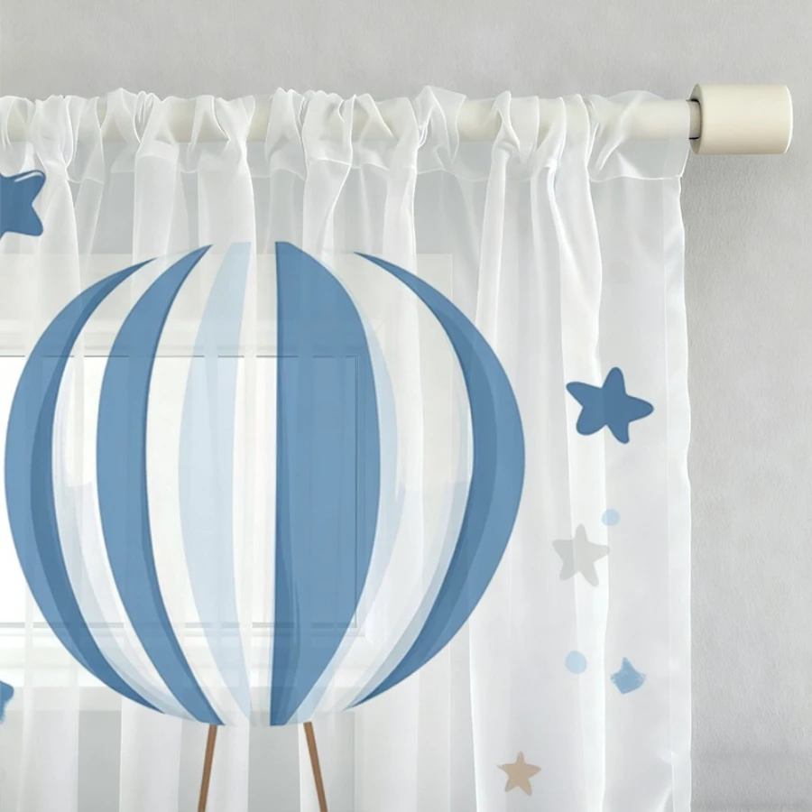 2PCS Digital Print Sheer Curtain, Blue Elephant Hot Air Balloon, Boho Chic Window Curtains for Living Room Bedroom Decor