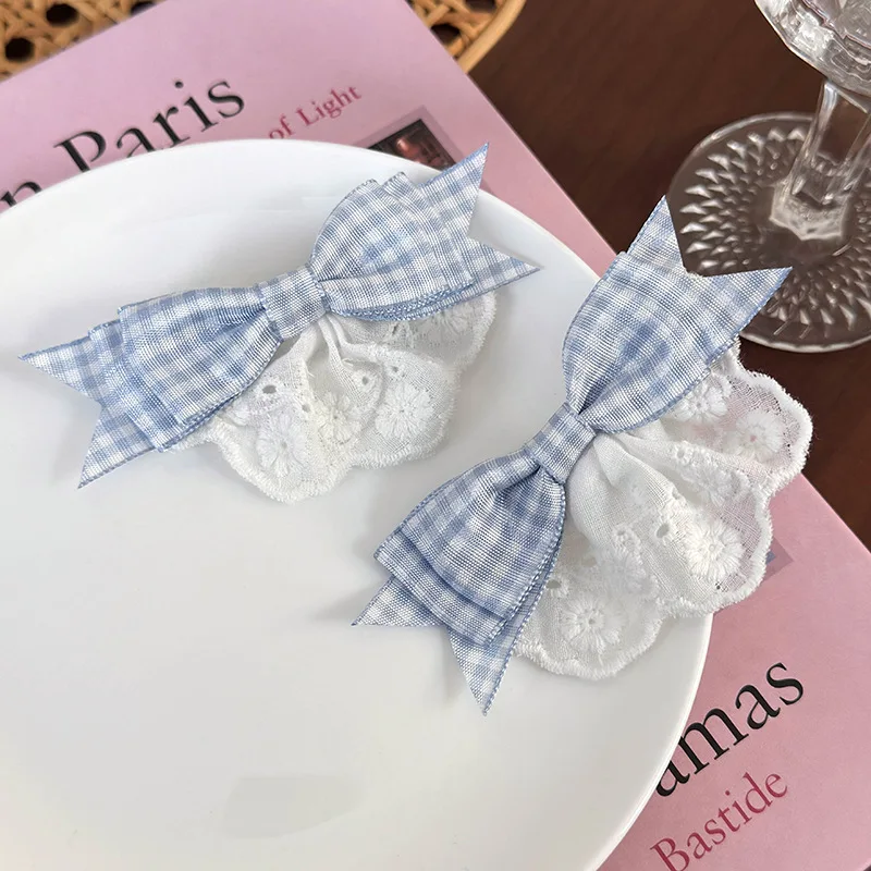 Blue Plaid Lace Bow Hair Clips Girls Cute Sweet Duckbill Clip Party Hair Accessories