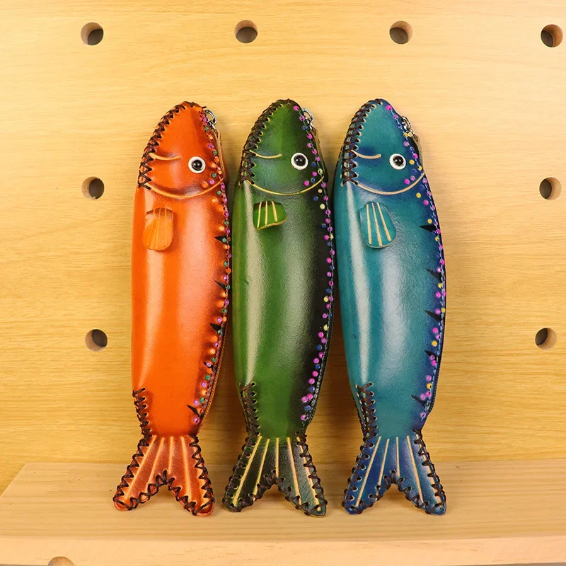 Vintage couro genuíno mini moeda bolsa pequena carteira das mulheres dos homens de couro vaca moda bonito peixe saco armazenamento tendência bolso com zíper