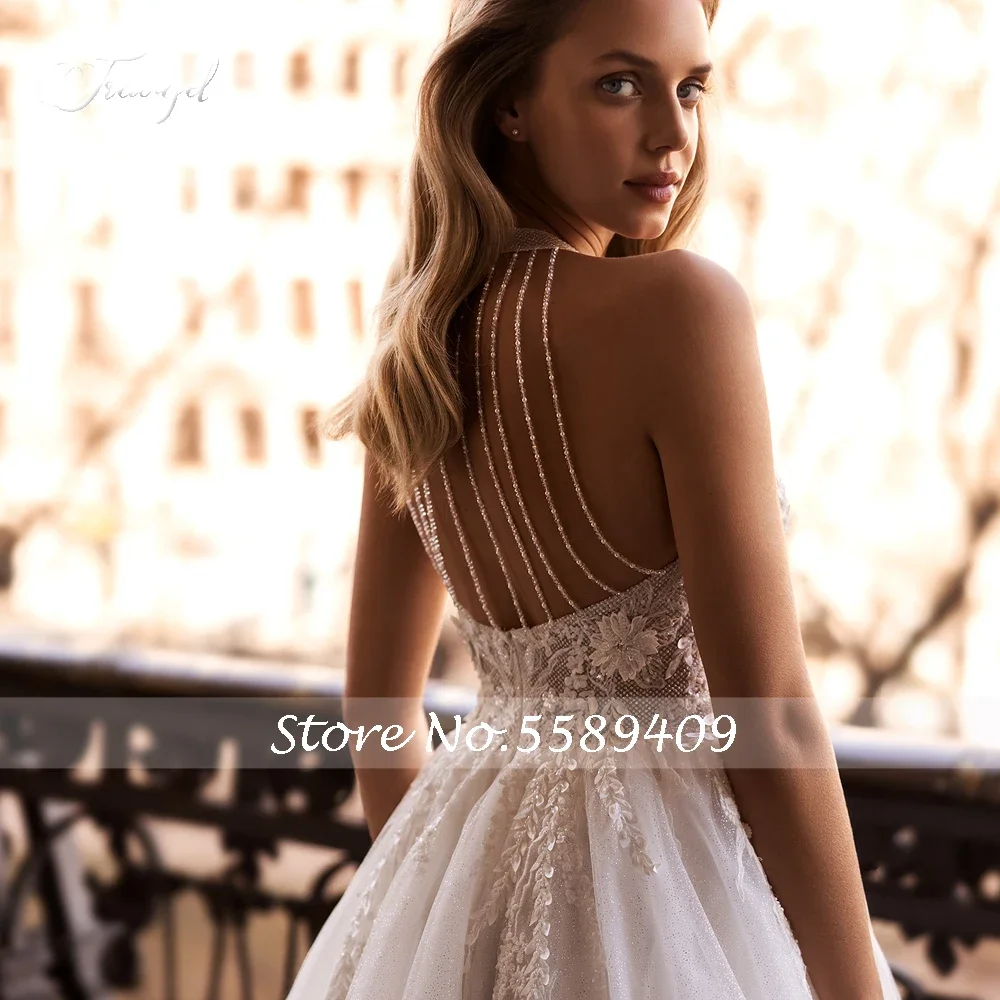 Dostosowane seksowne Backless O Neck kwiaty suknie ślubne w stylu vintage delikatne aplikacje zroszony tren sądowy linia suknia ślubna