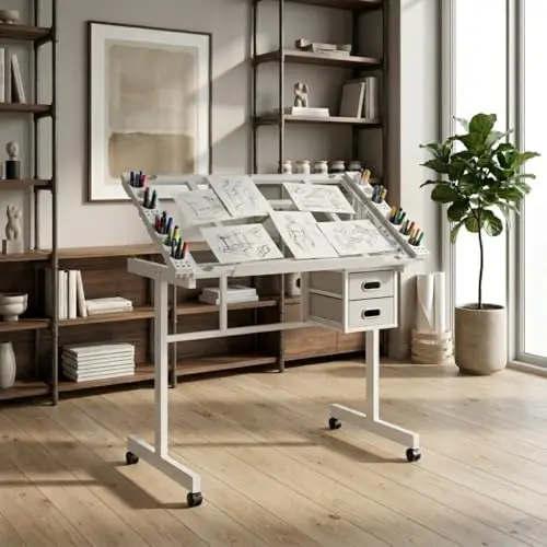 Rolling Drafting Table on Wheels, Painting Table Art Craft Desk Crafting Table with Tilting Transparent Tempered Glass