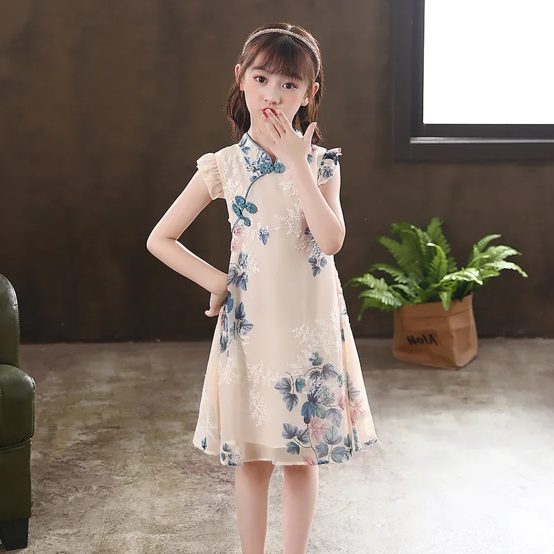 Kids Girl Floral Qipao Pink Dress Formal China Children Clothes Cute Toddler Kids Modern Cheongsam Birthday Gift Evening Dresses