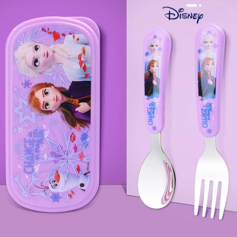 Disney Mickey 2 Piece Stainless Steel Cutlery Set Cute Kawaii Minnie Kids Fruit Fork Cartoon Print Lightning McQueen Spoon Set