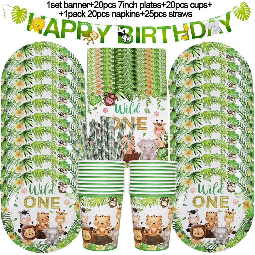 Jungle Birthday Party Decor Animal Palm Leaves Disposable Tableware Set Kids Boy Wild One Forest Safari Birthday Party Supplies