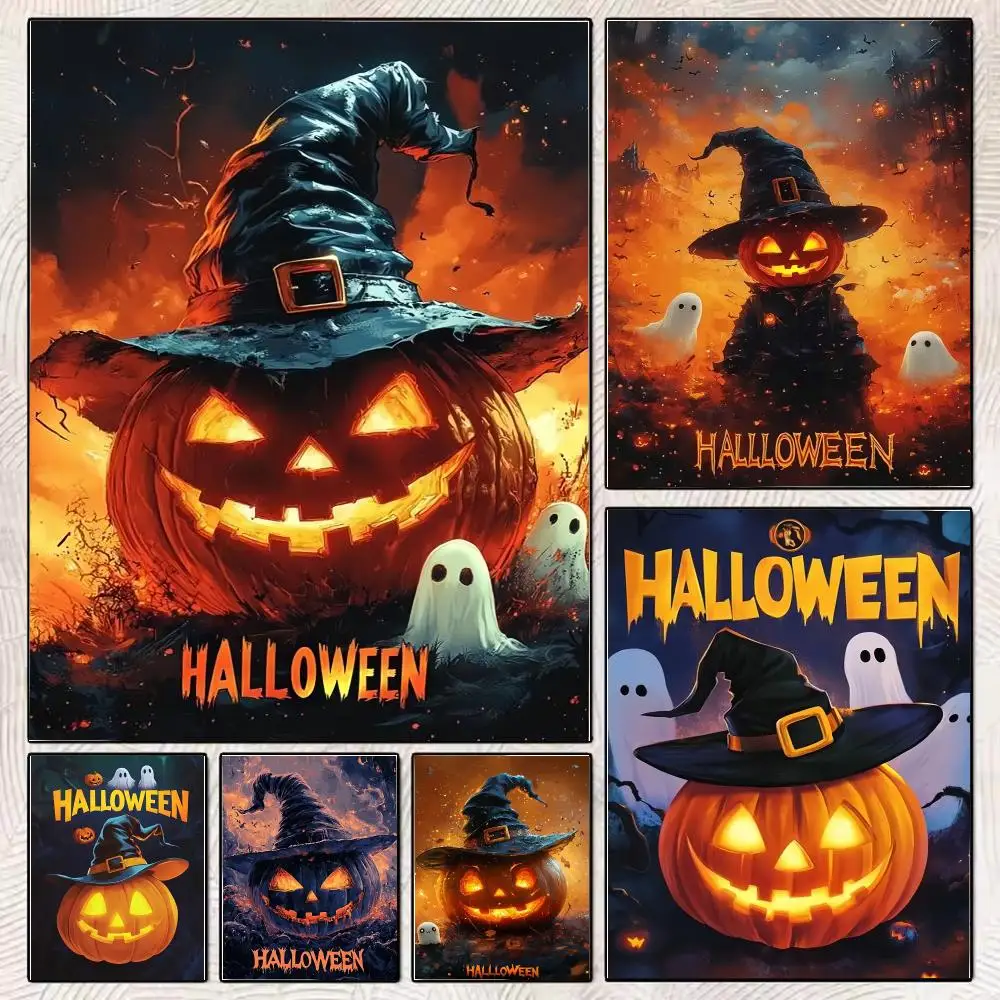 Halloween Jack O lantern Painting Calligraphy Stylish Canvas Poster Wall Art for Living Room Bedroom Office Home Decor
