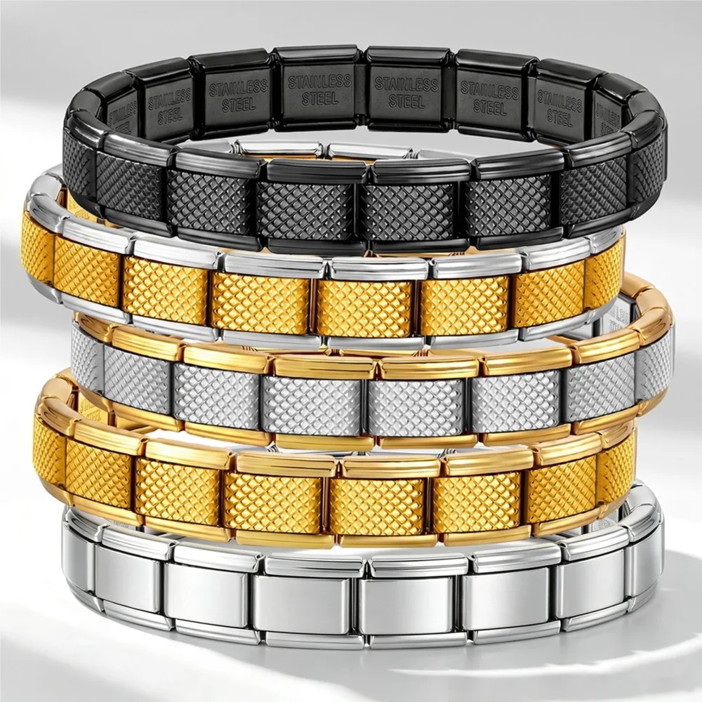 New Double Color Grid Texture Italian Charms 9mm Stainless Steel Link Bracelet Mesh Pattern DIY Making Bead Fashion Jewelry Gift