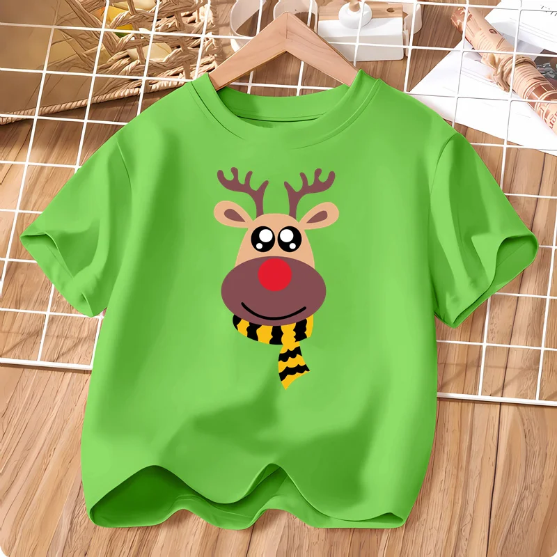 Niedliche Weihnachts-Hirsch-T-Shirts für Kinder, kurzärmeliges Cartoon-T-Shirt für Jungen und Mädchen, Rundhalsausschnitt, Baumwollkleidung