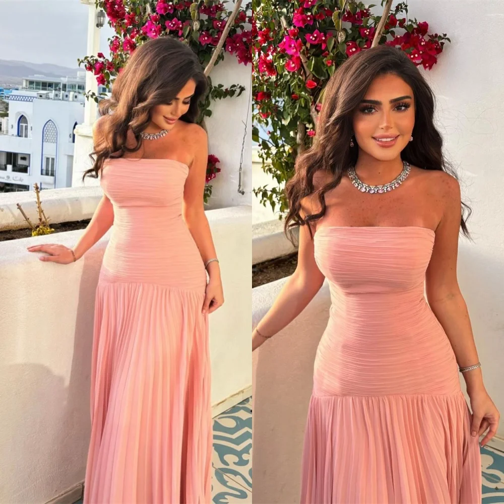 

Customized Formal Pink Jersey Evening Dress Classic Strapless Sleeveless Homecoming Dress Fashion Special Occasion Gowns