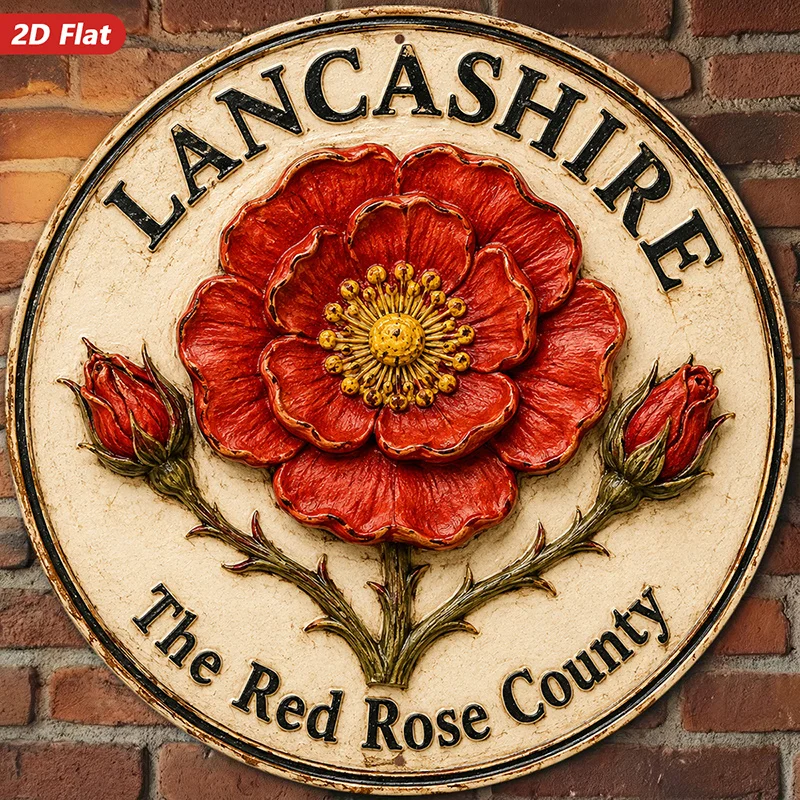 CIFBUY Vintage Round Aluminum Wall Art, Weatherproof Durable Lancashire Red Rose Floral Metal Sign for Living Room & Bedroom