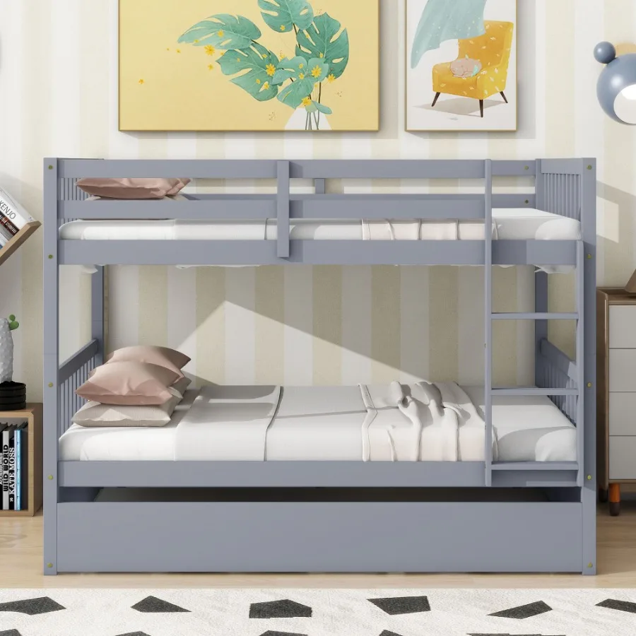 Full Over Full Rubber Wood Bunk Bed with Trundle Ladder and Guardrails Convertible to 2 Full Size Beds with Twin Size Trundle G