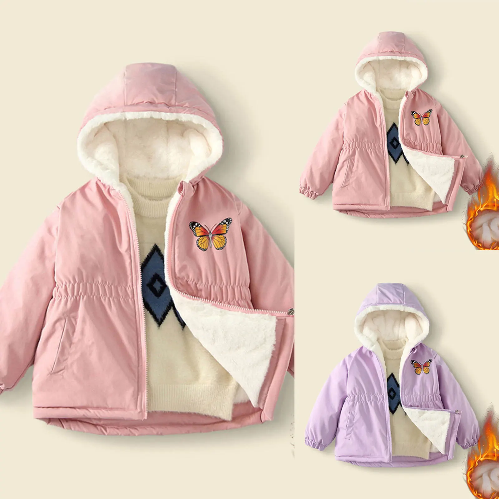 

Children Outdoor Jacket Cute Cartoon Printed Hooded Jackets Outdoor Windproof Warm Winter Coats Girls Fleece Lined Overcoat