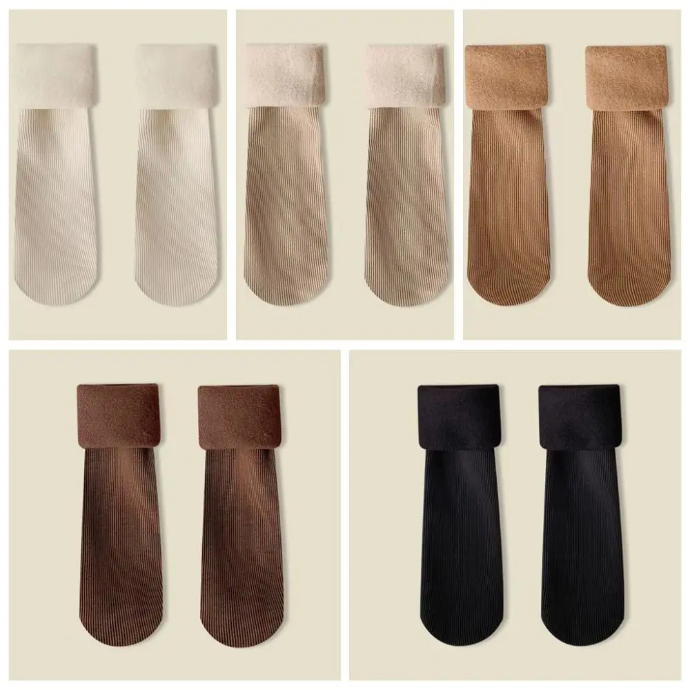 5 pares de calcetines cálidos gruesos a rayas de Color sólido calcetines térmicos simples de longitud media calcetines de invierno de tubo medio más gruesos para mujer Otoño Invierno