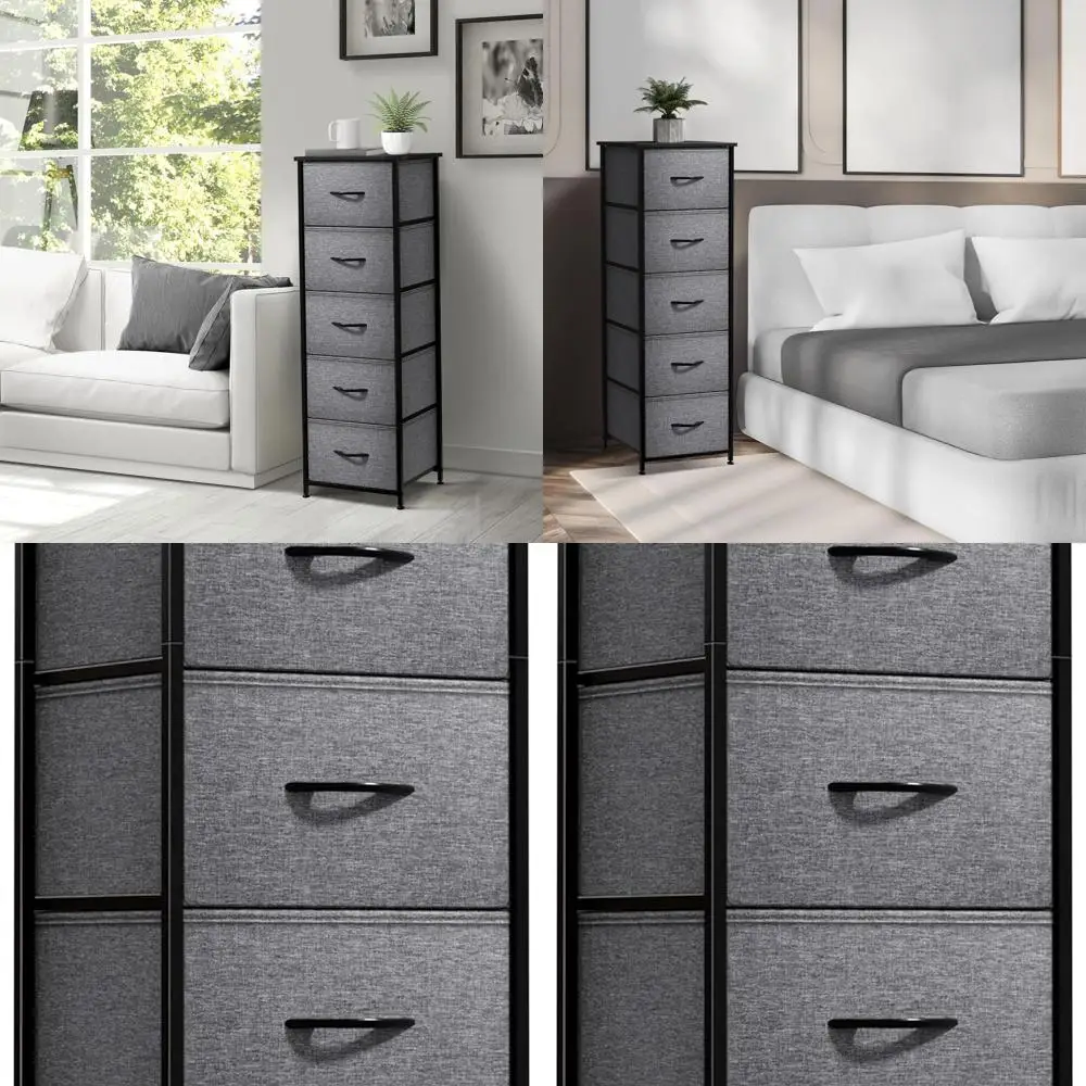 

5-Drawer Nightstand: Steel Frame, Wooden Top, Fabric Bins - Bedroom, Office, Dorm Furniture