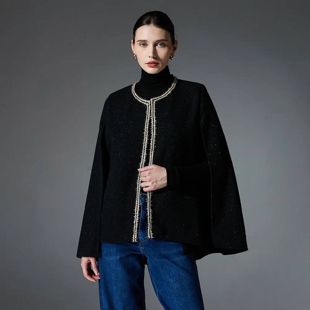 Luxury Braid Trims Good Knit Cape Coat Fashion Elegant Lady Autumn Winter Cloak Party Dress Wraps