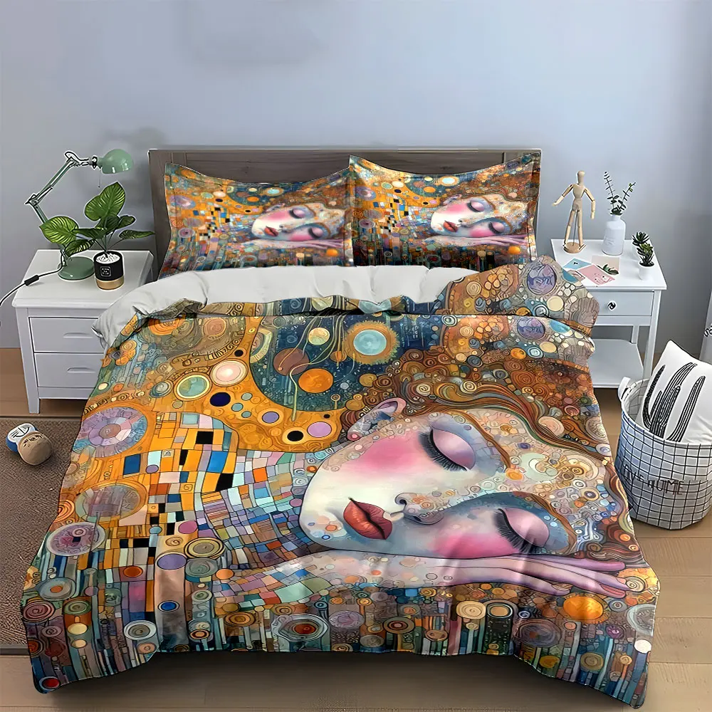 3Pcs Klimt-Inspired Bedding Set, Art Nouveau Sleeping Woman with Gold Mosaic Print Duvet Cover + 2 Pillowcases, Elegant Decor
