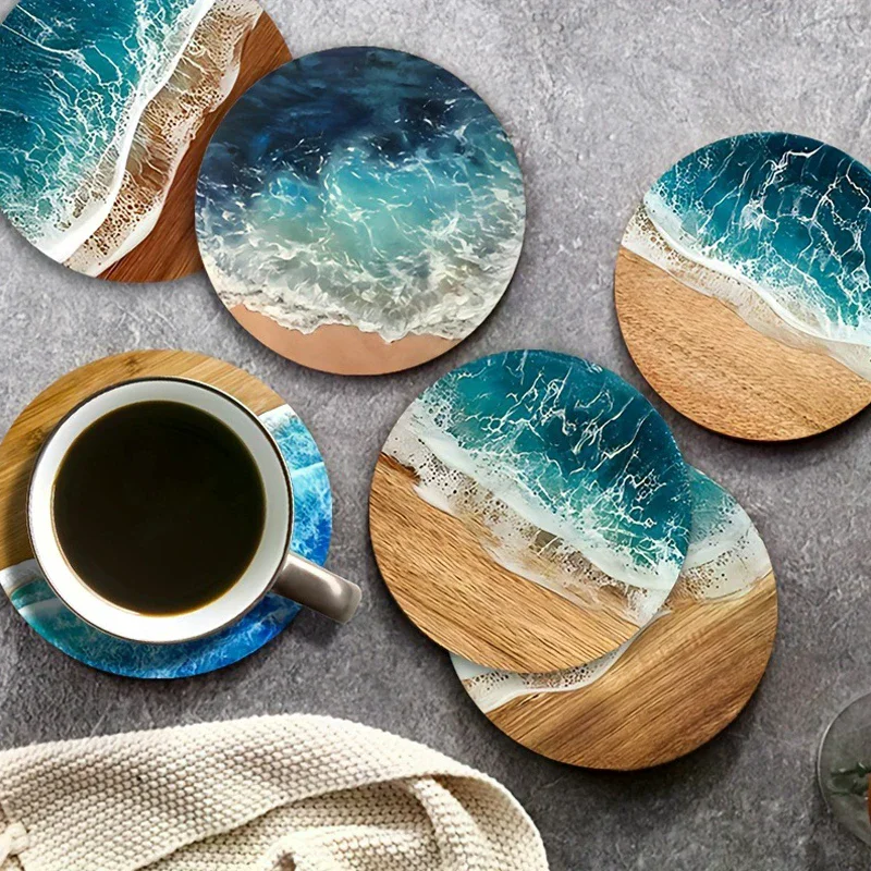 4/6Pcs Blue Ocean Round Wooden Coasters & Placemats Set Home Cafe Party Table Decor Durable Drink Coasters For Stylish Dining