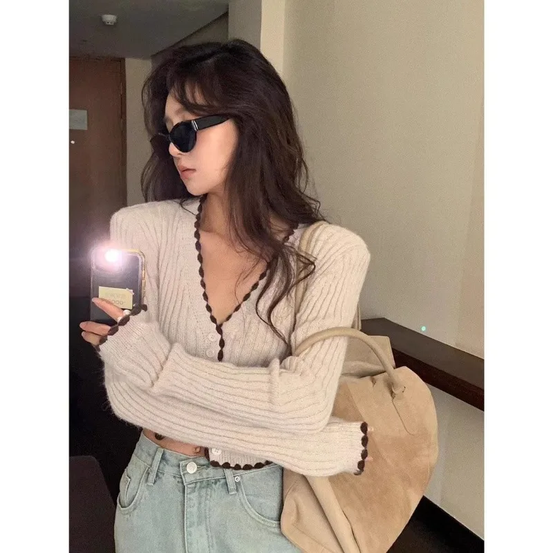 Deeptown Y2k Vintage Knitted Cardigan Women V Neck Autumn Korean Fashion Cropped Sweater Aesthetic Harajuku Short Jumper Sexy