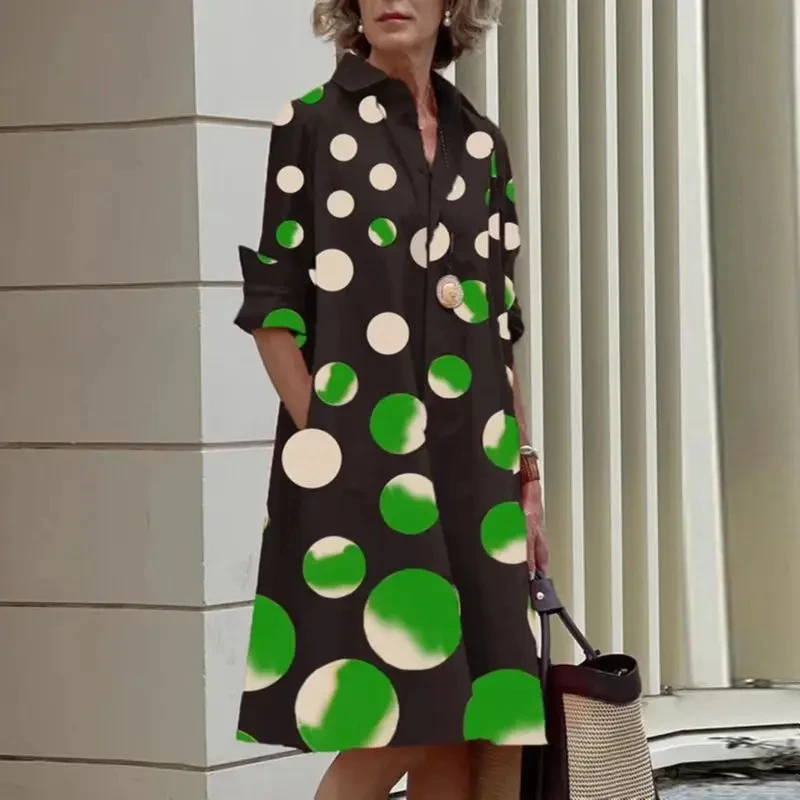 2023 Summer Fashion New Women\'s Dress Print Collection Pattern Large Elegant V-Neck Shirt Round Polka Dot Robe