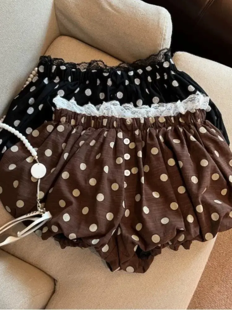 Kimotimo Sweet Polka Dot Bud Shorts Women Lace Elastic Waist Lantern A-line Short Pants Summer Fashion Versatile Y2k Bottoms New