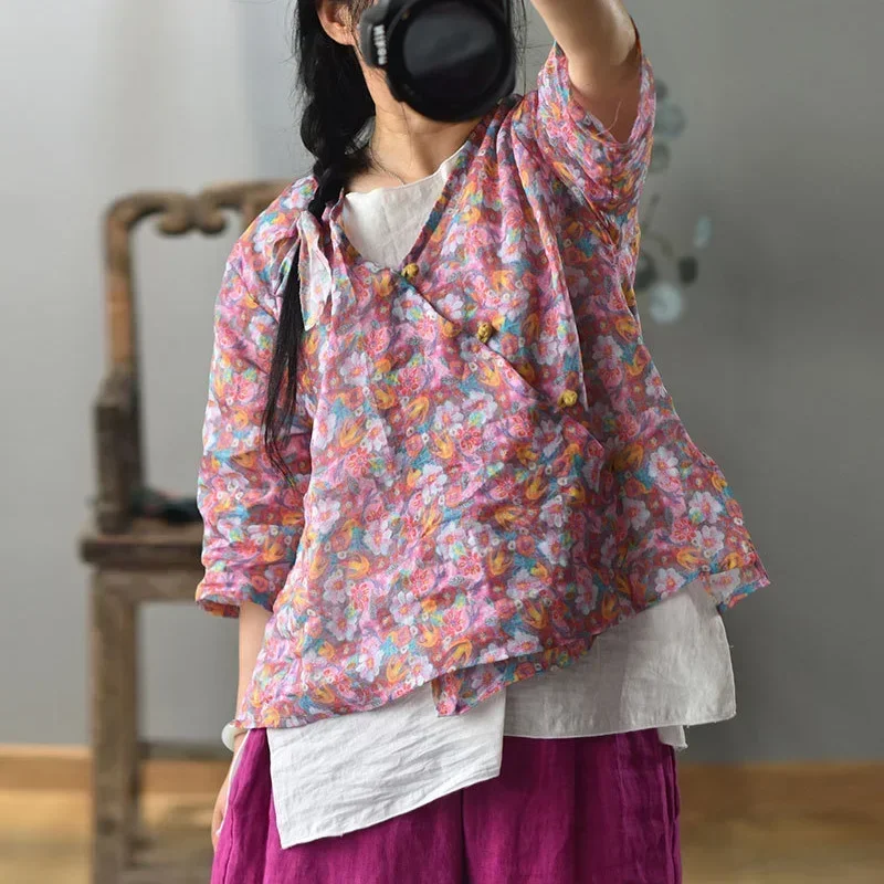 

Женские винтажные летние блузки из рами 2024 года, новые рубашки в китайском стиле, топы с V-образным вырезом, рукавом до локтя, с цветочным принтом, женские рубашки