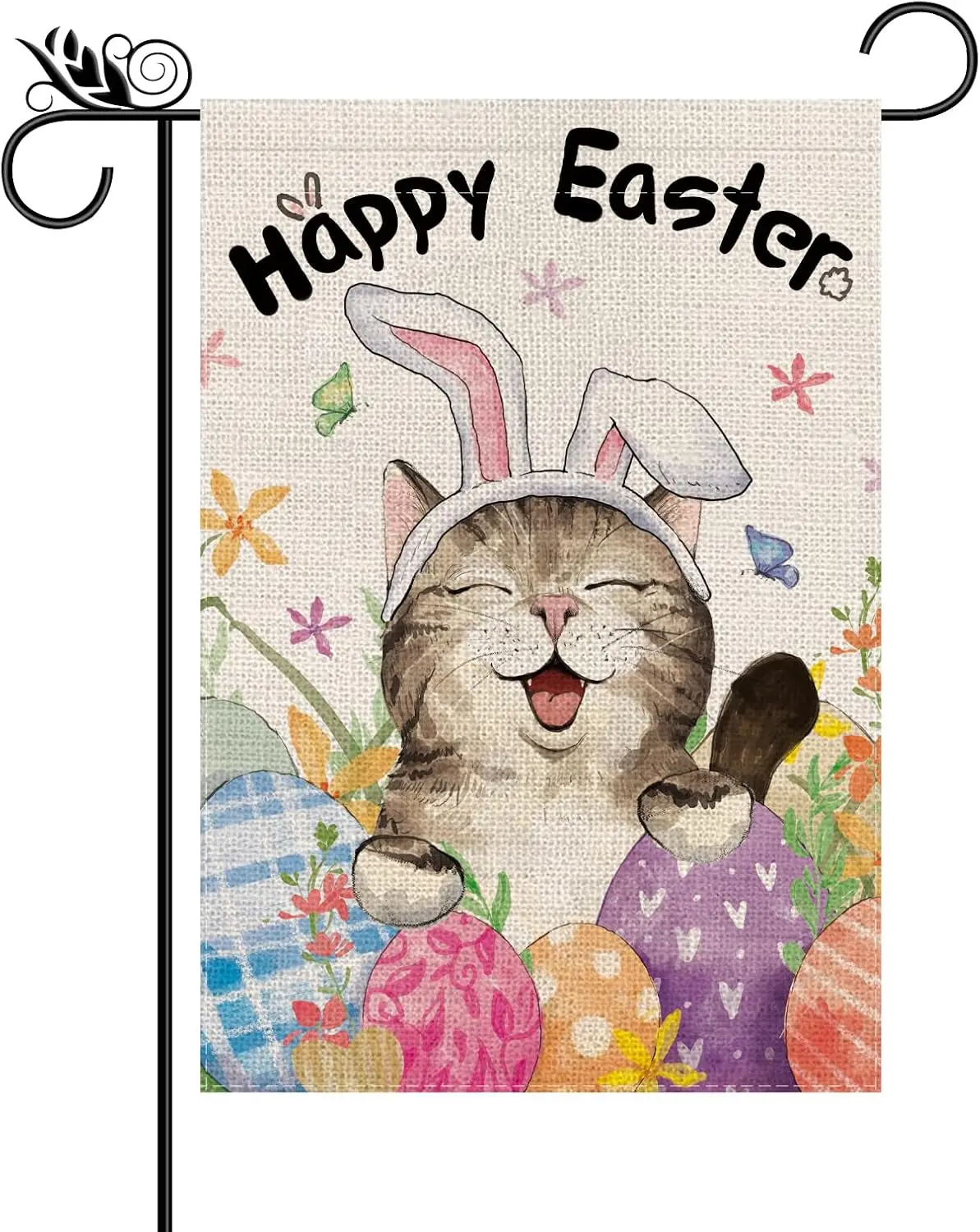 Happy Easter Garden Flag Cute Bunny Cat Burlap Vertical Double Sided Funny Holiday Eggs Outdoor Yard Decor 12.5x18 Inch XAA  SSL