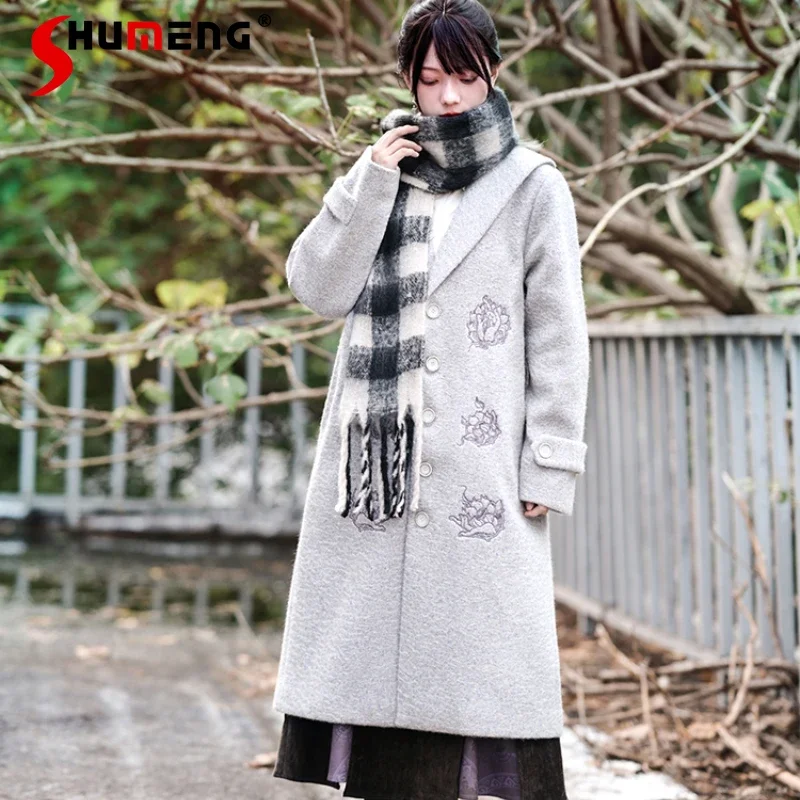 

New Chinese Woolen Coat Women's 2024 Autumn And Winter High-end Embroidery National Style Loose Long Woolen Windbreaker Outwear