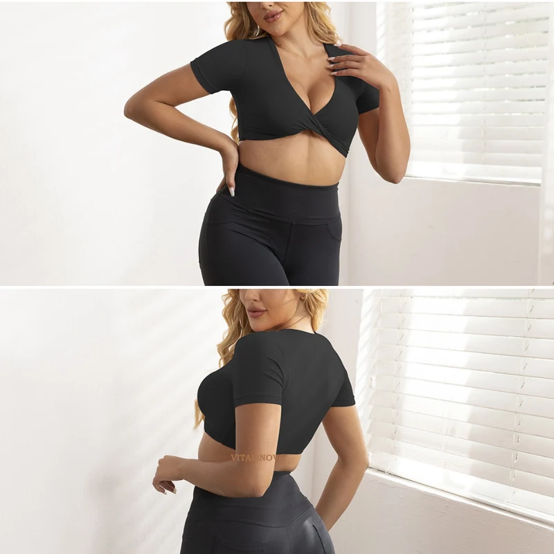 Vital inovo Kurzarm Crop Tops für Frauen Twist Front Crop Tank Top Yoga Laufen gepolsterte Sport-BH Casual Shirts Workout Tops – Detail 7