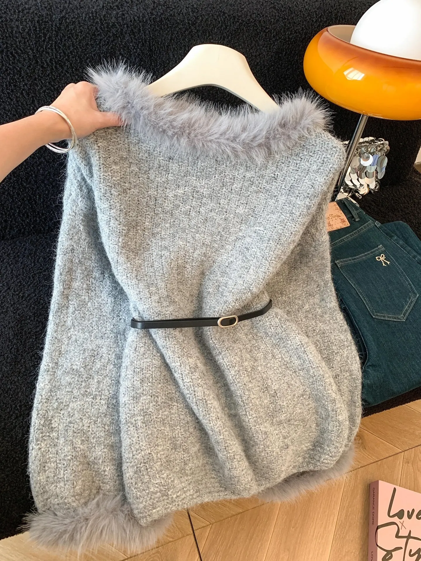 

Korean Sle Sweet Splicing Sweater Women's Winter Lazy Loose Slim Long Sve Knitted Top with Belt Autumn Winter Faion