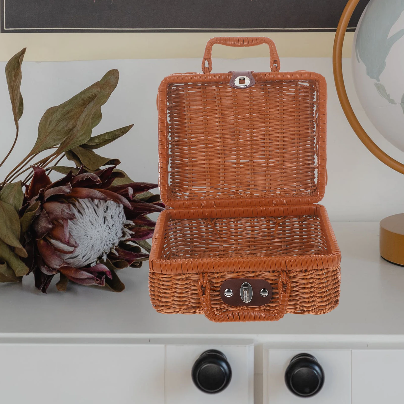 

Imitation Rattan Storage Box Boxes with Lids Woven Case Organizer Container Simulated Vintage Suitcase Drawer