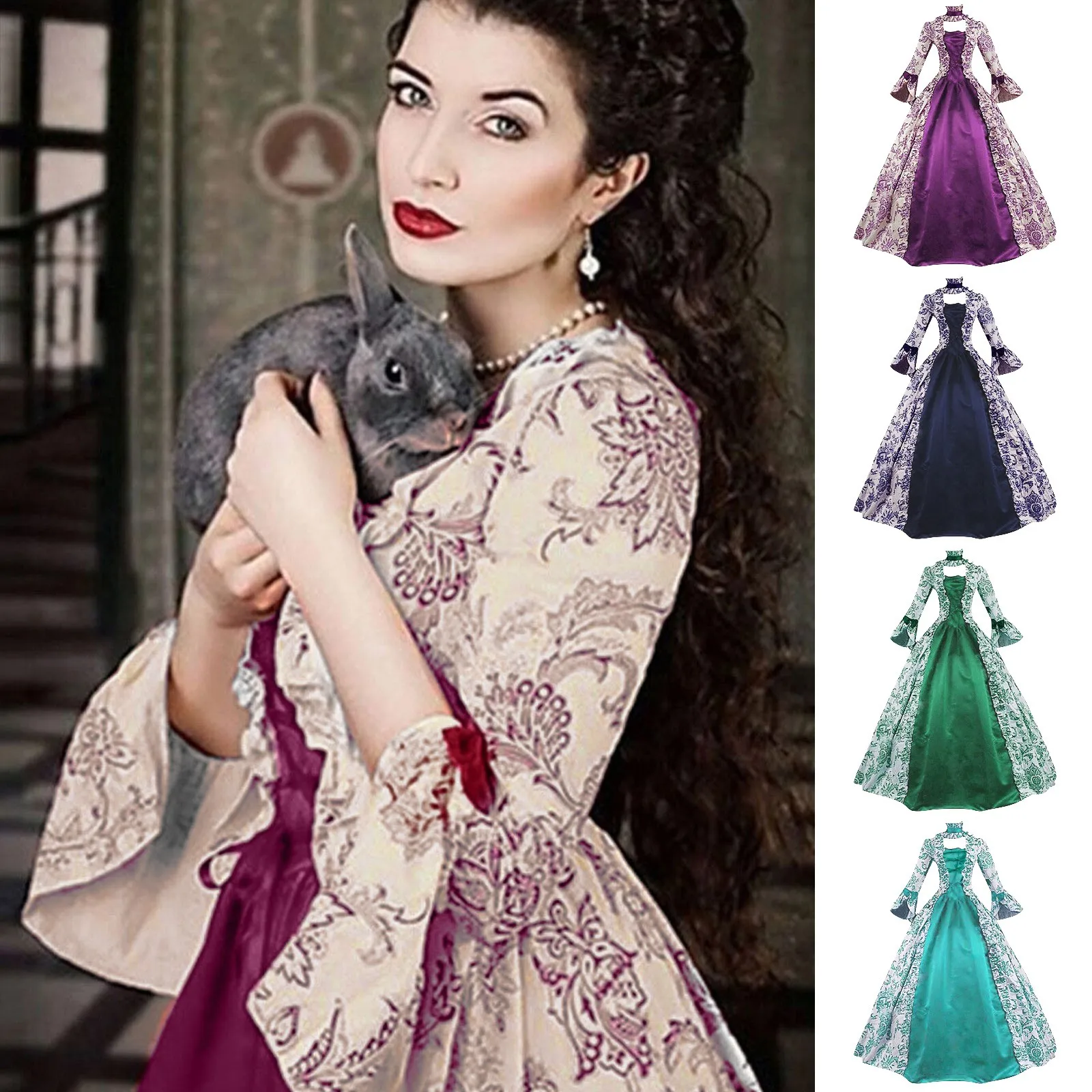 

Plus Size Fashion Gothic Style Vintage Long Dress Cocktail Dresses For Women Croset Flare Sleeve Fashion Cosplay A Line Dress