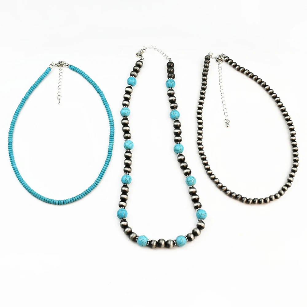 Yumfeel 3pcs Western Style Navajo Pearl Vintage Turquoise Beaded Necklaces Women Bohemian Vacation Handmade Choker