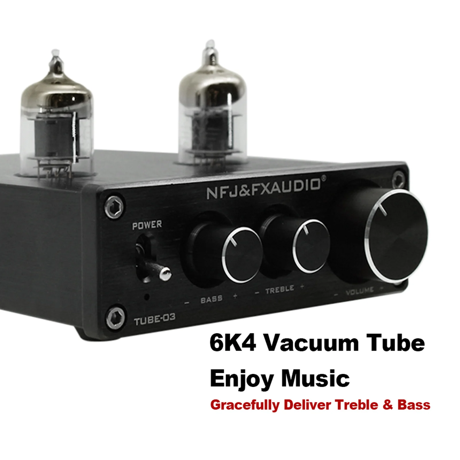 TUBE-03 Mini HiFi Audio Preamplifier 6K4 Vacuum Tube Amplifier Buffer Treble Bass Adjustment RCA Preamp Black Silver EU/UK Plug