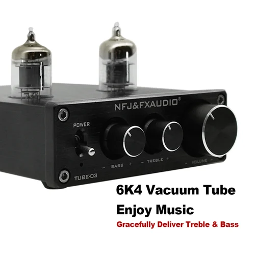 Imagen 2 del producto TUBE-03 Mini preamplificador de Audio HiFi 6K4 amplificador de tubo de vacío amortiguador ajuste de graves agudos preamplificador RCA negro plata enchufe UE/Reino Unido