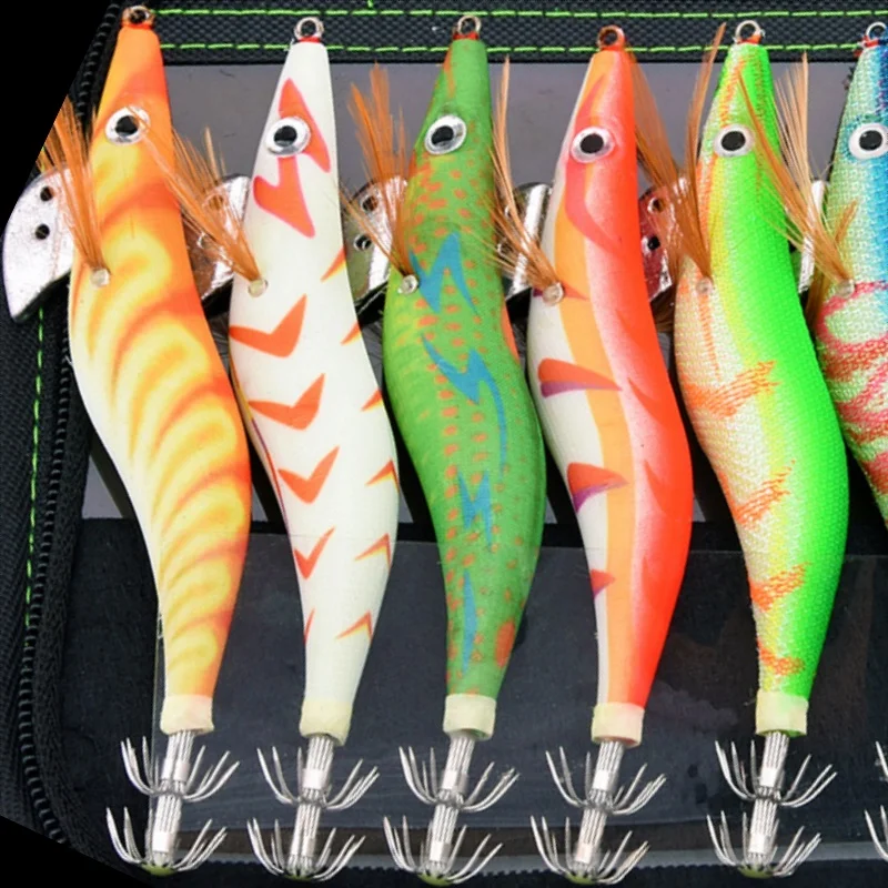 

wondersee 5pcs 10pcs Squid Jig Set 3.0 3.5 Egi Aggie Wooden Shrimp Octopus Lure Umbrella Double Layer Hook Glow in Dark Luminous