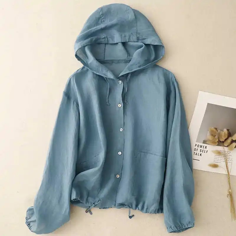 

2026 Summer New Cotton and Linen Large Size Hooded Loose Long-sleeved Breathable Sunscreen Jacket Air Conditioning Shirt