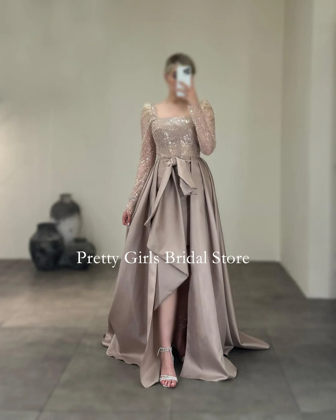 OEING Arabic Style Vintage Sequins Satin Evening Dresses Square Neck Formal 프롬드레스 Long Sleeves Prom Growns Party Women Bride